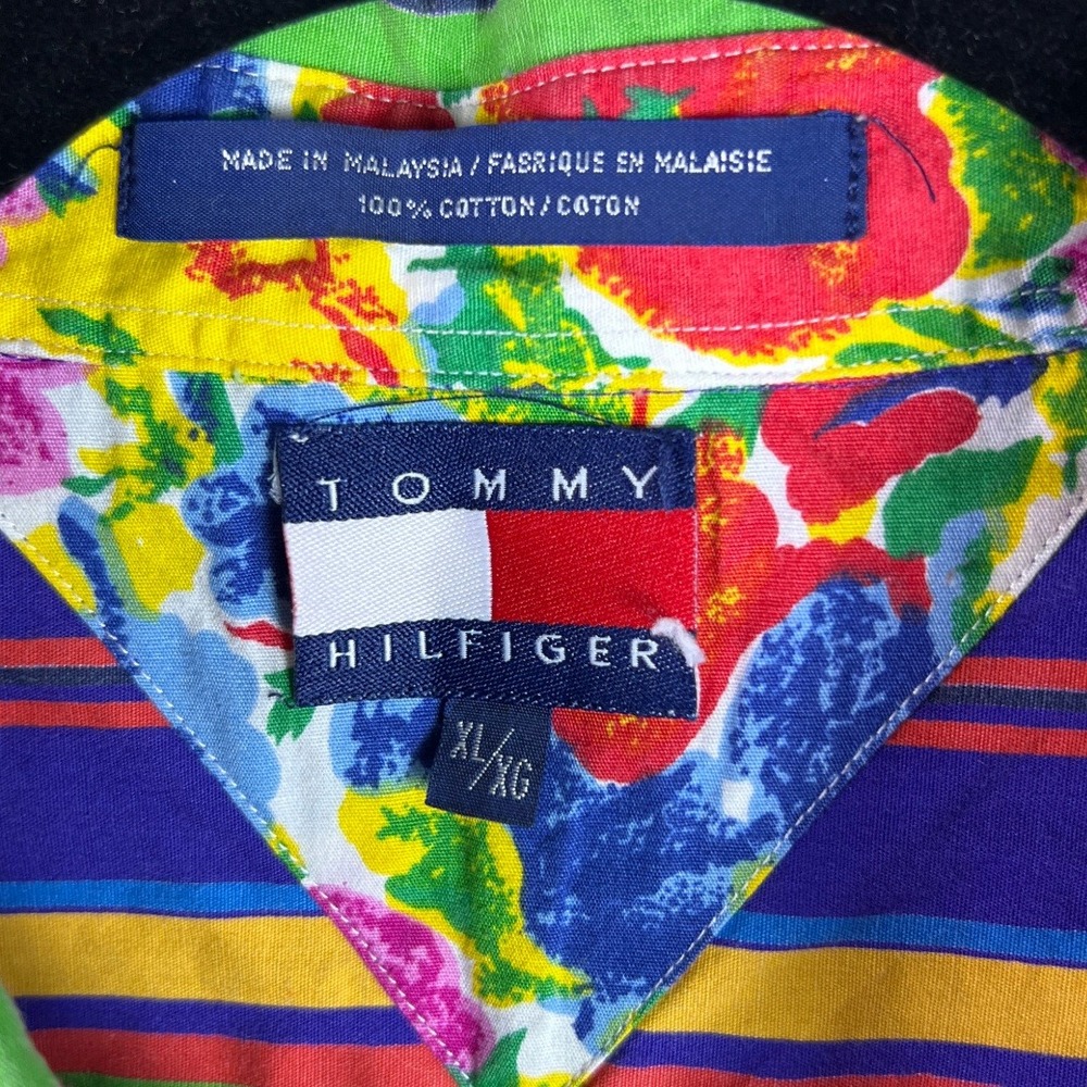 Vintage Tommy Hilfiger Striped Short Sleeve Shirt XL Multicolor Crest Logo 90s - Picture 5 of 6